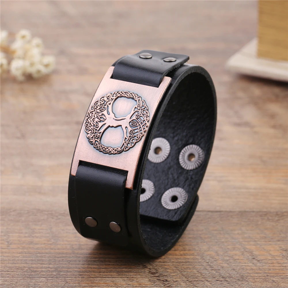 EUEAVAN 5pcs Religion Tree Of Life Amulet Charm Bracelet Wide Black/Brown Men's Leather Viking Bangle For Men | Украшения и