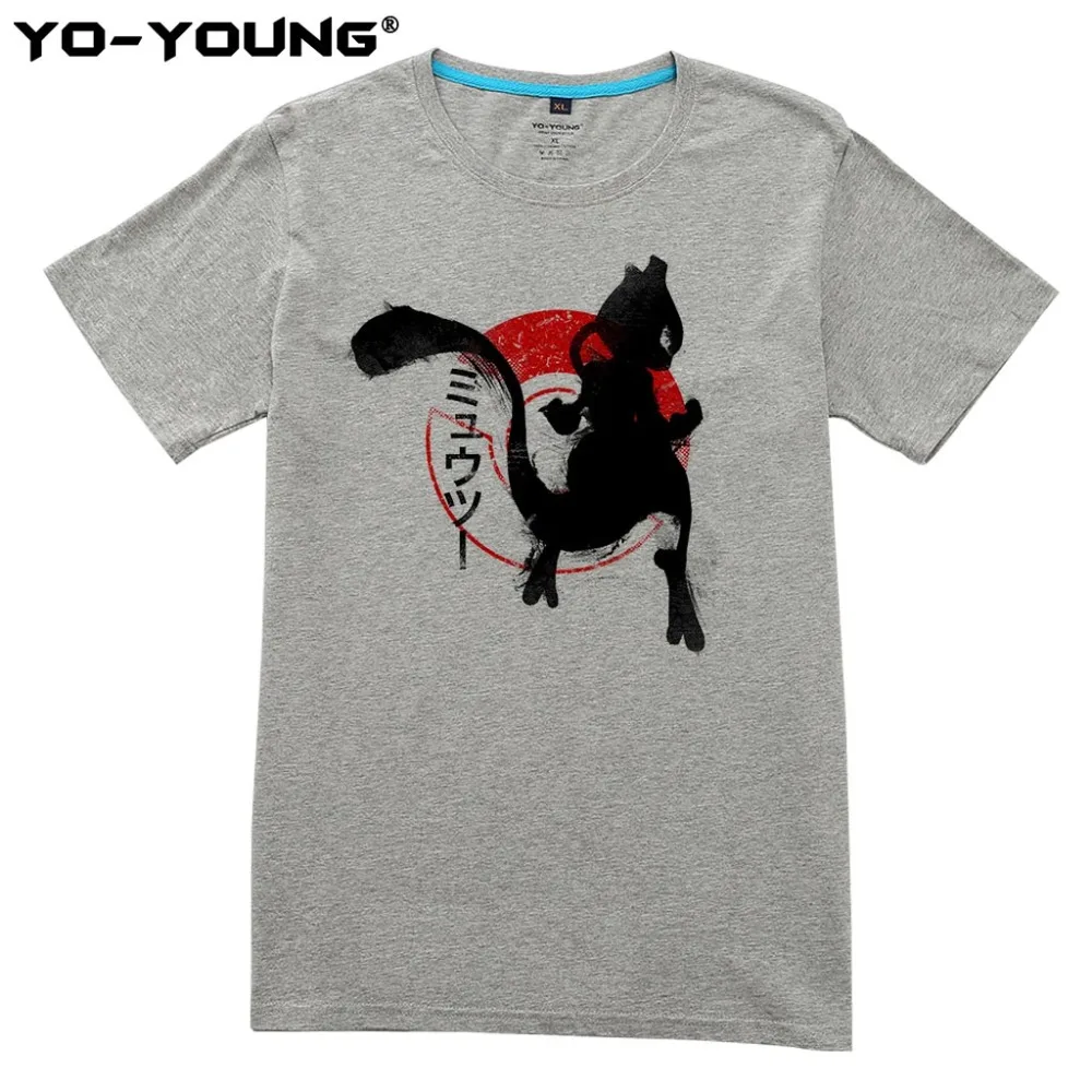 Yo-Young Men T-Shirt Anime Pokemon Mewtwo Design Digital Printing 100% 180 gsm Combed Casual Summer Top Tees Homme Customized |