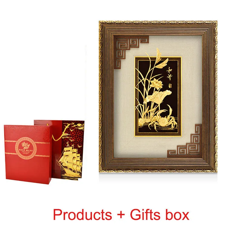 hexie-with gift box 3D китайские картины в рамке, 24 K, Золотая фольга, живопись, плакат, настенные художественные картины для гостиной, роскошные ремесла, украшение дома, подарки - Цвет: hexie-with gift box