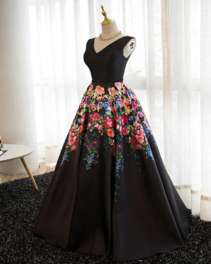 Floral Long Evening Dresses Party A Line V Neck Beautiful Women Prom Formal Gowns Wear 2018 vestido de formatura |