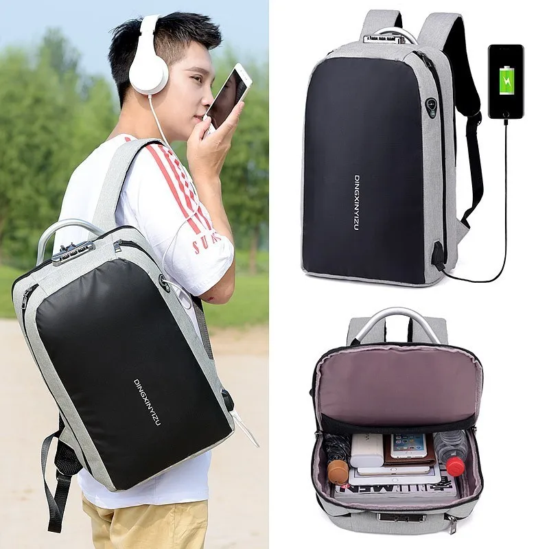 Mochila do homem USB зарядка Противоугонная блокировка паролем колледж рюкзак бизнес