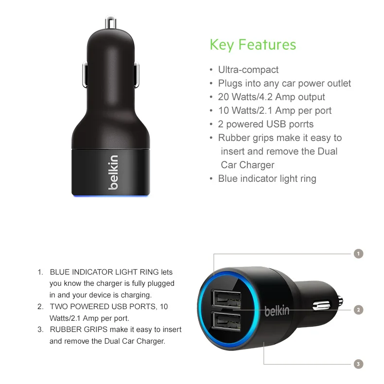 Belkin Оригинальный Универсальный мобильный телефон Dual USB быстрый автомобиль
