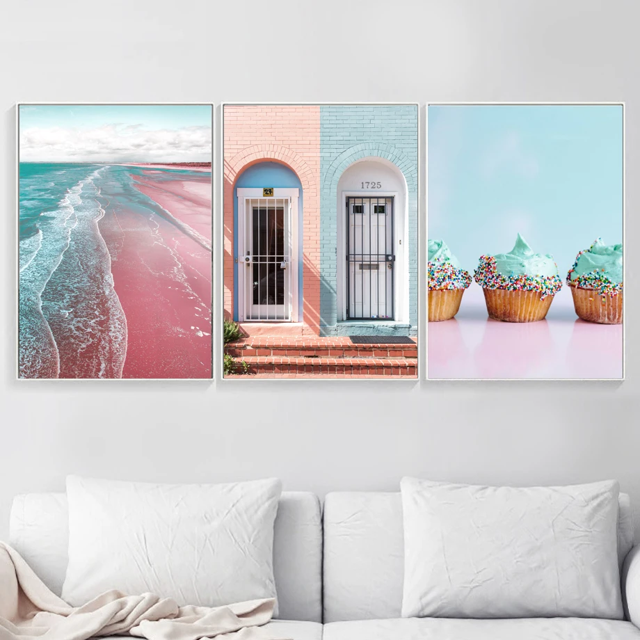 Gohipang Pink Beach Sea Decor Stone Stair Ice Cream Wall Art Canvas Painting Nordic Posters And Prints Pictures Living Room | Дом и сад