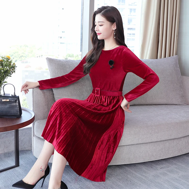 2019 новое осенне зимнее платье с поясом женское винтажное Золотое бархатное