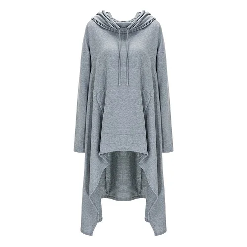 Light Gray Женская Осенняя Новинка, модная длинная Асимметричная Повседневная Толстовка с капюшоном, одноцветная Толстовка с длинным рукавом на шнурке с капюшоном размера плюс - Цвет: Light Gray