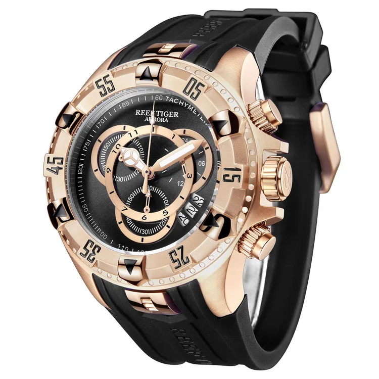 Reef Tiger Aurora Serier RGA303-2 мужские спортивные большие часы водонепроницаемые кварцевые наручные часы с хронографом большой циферблат-розовое золото
