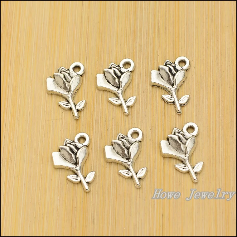 200 шт Новая мода роза цветок кулон Тибетский Серебряный тон подходит для