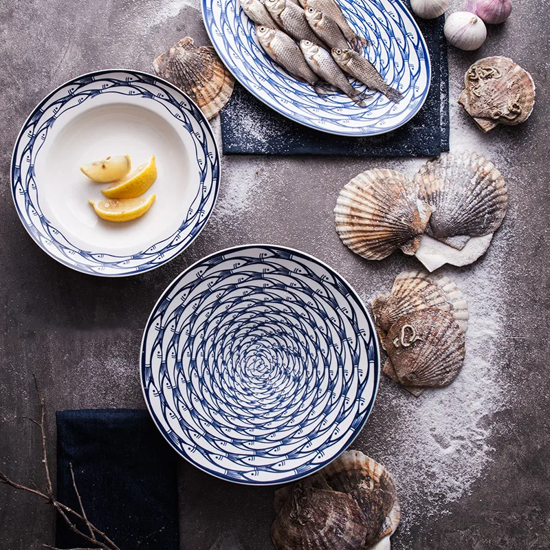 8 дюймовые керамические обеденные тарелки круглые с принтом рыбы фарфоровые