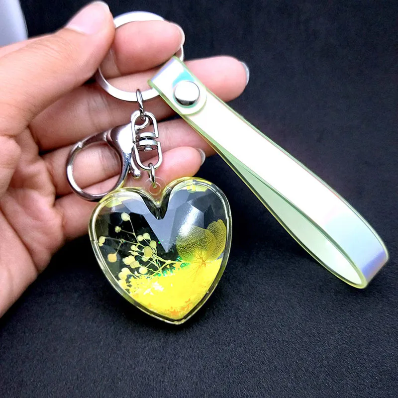Style 1 Yellow В форме сердца высушенный цветок акриловый зыбучий песок брелок пентаграмма блесток Жидкий блеск брелок для пары женщин Подарок Подвеска на рюкзак - Цвет: Style 1 Yellow