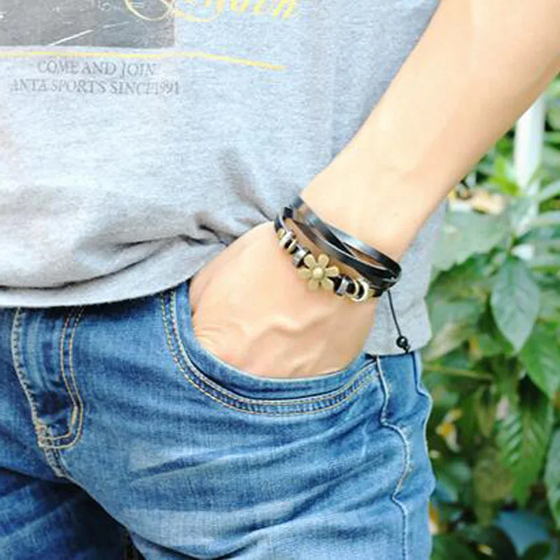 

KYSZDL Pulseras Mujer Black Genuine Leather Best Friends Bracelets Women Hand Cuffs Jewelry Female Bling Flower Braclet
