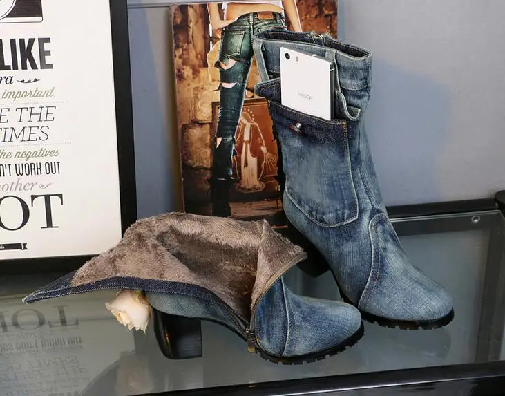 Женские зимние ботинки из синей джинсовой ткани; Botte Femme; женская обувь с боковой молнией; женские ботинки с круглым носком на не сужающемся книзу высоком массивном каблуке; теплые ботинки В рыцарском стиле