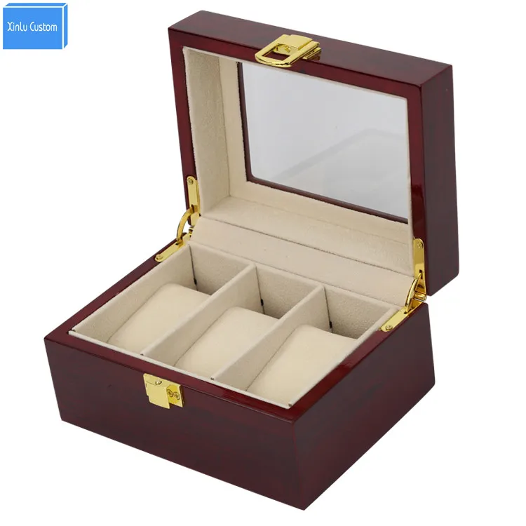 

Luxury Wood Glossy Lacquer 3 Grids Watch Box&Case 3 Display Jewelry PVC Window Top Organizer Custom Watch Boxees logo