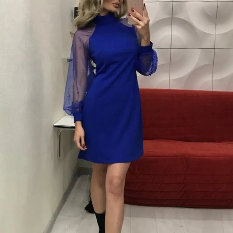 Женское платье с длинными рукавами-фонариками однотонное Сетчатое жемчужинами