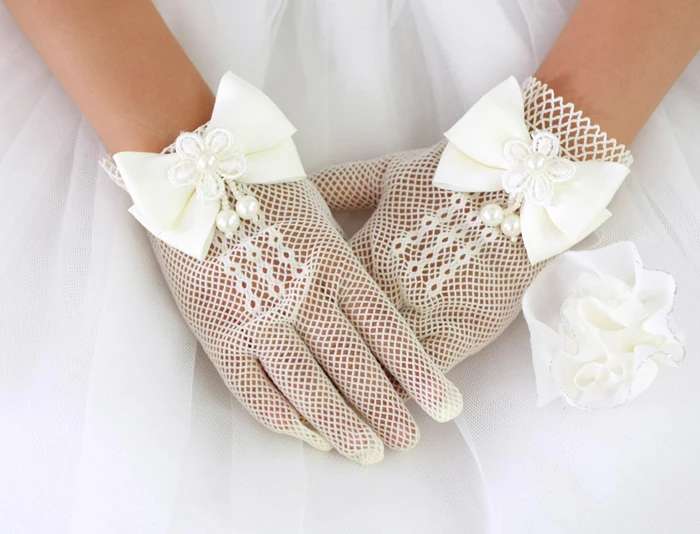 Детские Формальные Перчатки принцессы атласный бант знатных короткие дизайн Ivory