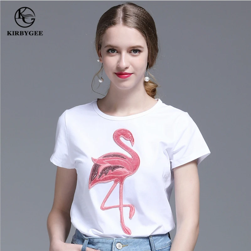Irbygee Повседневная футболка с Фламинго вышивкой животных 100% хлопок для женщин