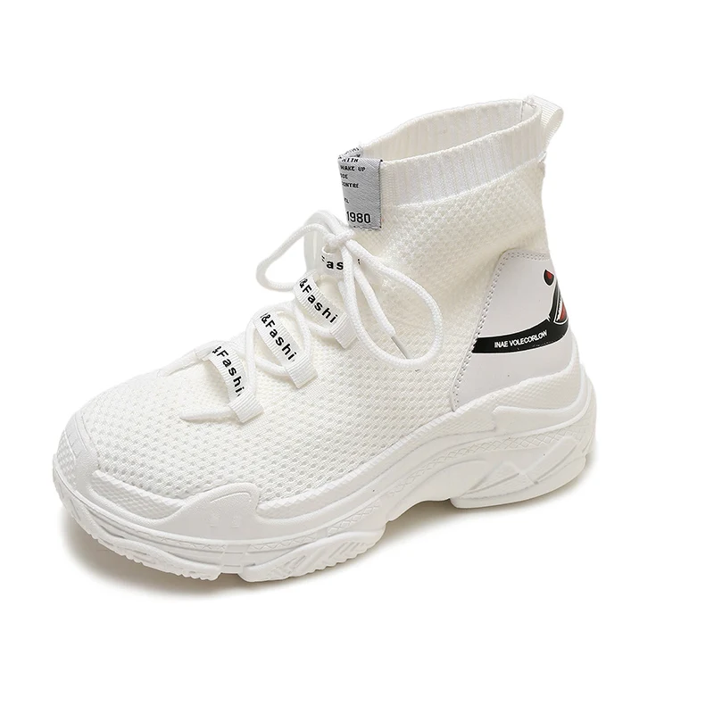 Женские кроссовки на платформе Белые с высоким берцем Кроссовки для бега Носки