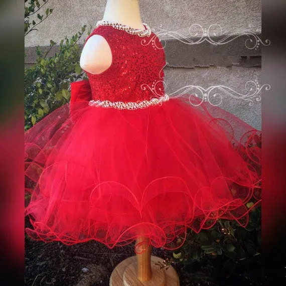 Red Puffy Organza Baby Infant Girls First Birthday Dress Keyhole Back Flower Girl Kids New Year Christmas Gowns | Детская одежда и