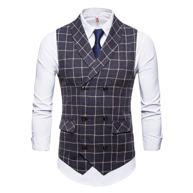 Мужской жилет с принтом в клетку облегающий двубортный | Мужская одежда