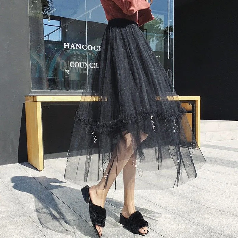 Газовые юбки 2019 последняя весна и лето бисерная трапециевидная юбка с длинным