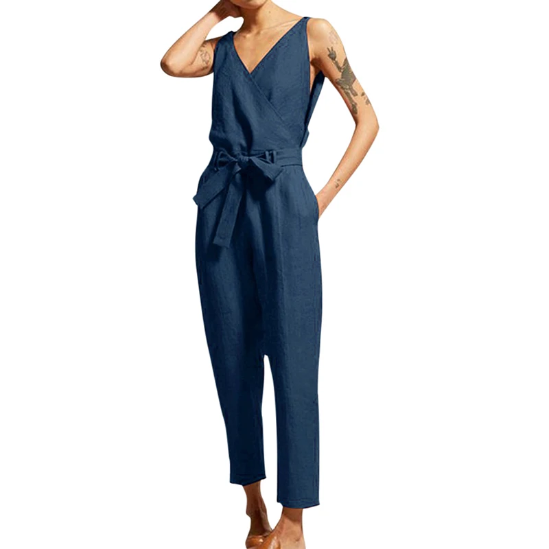 Dark Blue Женские свободные длинные Комбинезоны, женские длинные штаны без рукавов с поясом, комбинезоны размера плюс, винтажные комбинезоны, повседневный летний комбинезон - Цвет: Dark Blue