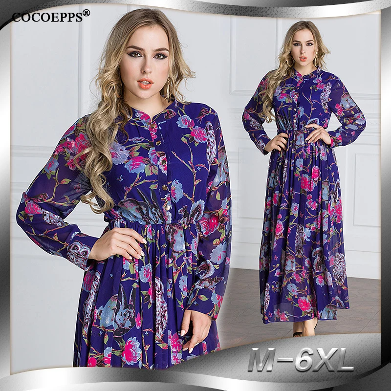 6xl 7XL 2018 Новое Женское платье с цветочным принтом и Совы размера плюс длинное