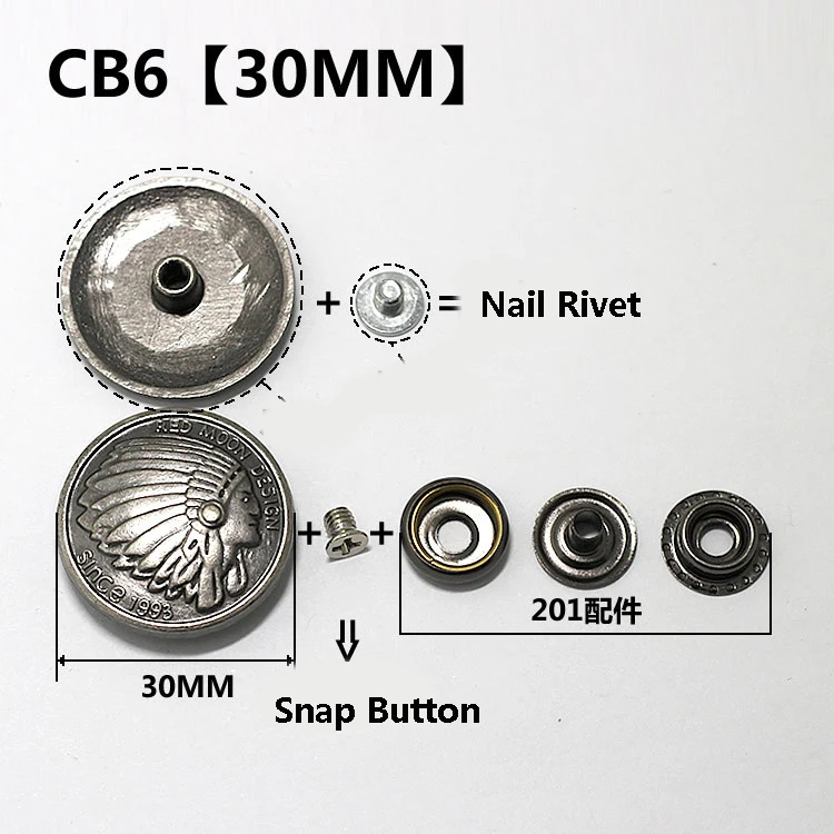 CB6 30mm Серебристые металлические кнопки, заклепки для ногтей с украшением из бисера для кожевенного ремесла, кожаные аксессуары для шитья - Цвет: CB6 30mm