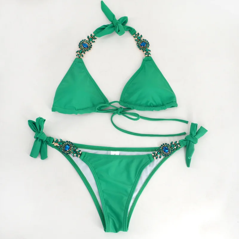 Diamond Bandage Bikini Crystal Swimsuit Bather Monokini Push Up Swimwear Women Green Yellow Brazilian Rhinestone 2019 |
