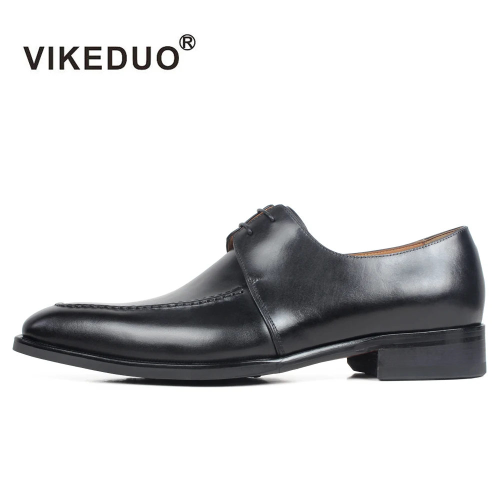 VIKEDUO Plain Black Square Toe Men Shoes Genuine Calf Leather Man Shoe Wedding Formal Dress Mans Footwear Handmade Derby Zapatos | Обувь