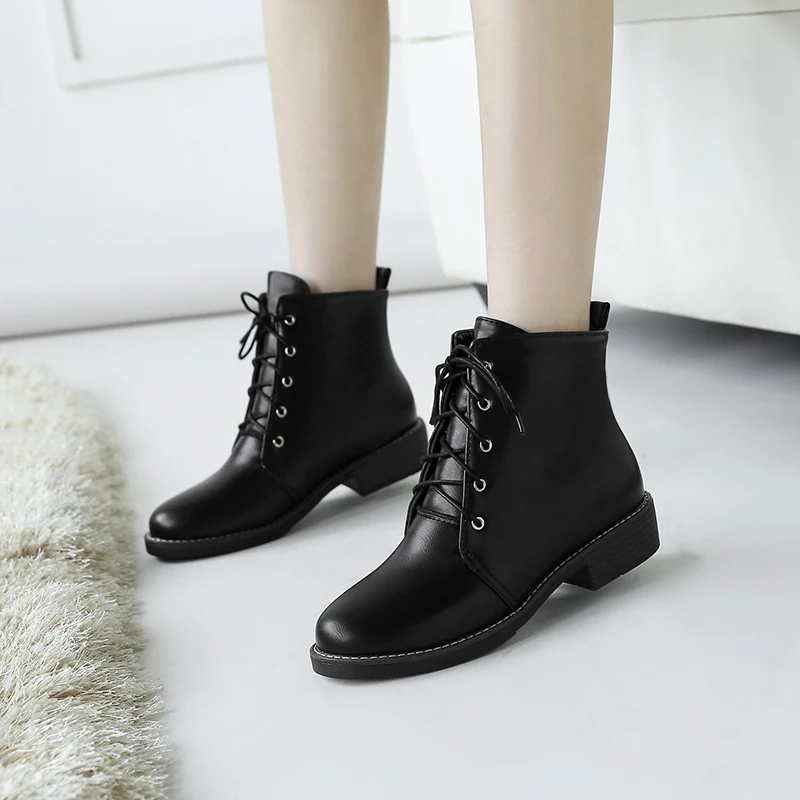 

WETKISS Winter Ankle Boots Short Plush Woman Lace Up Round Toe Footwear Fashion Boots 2018 New Thick Heels Girl Shoes