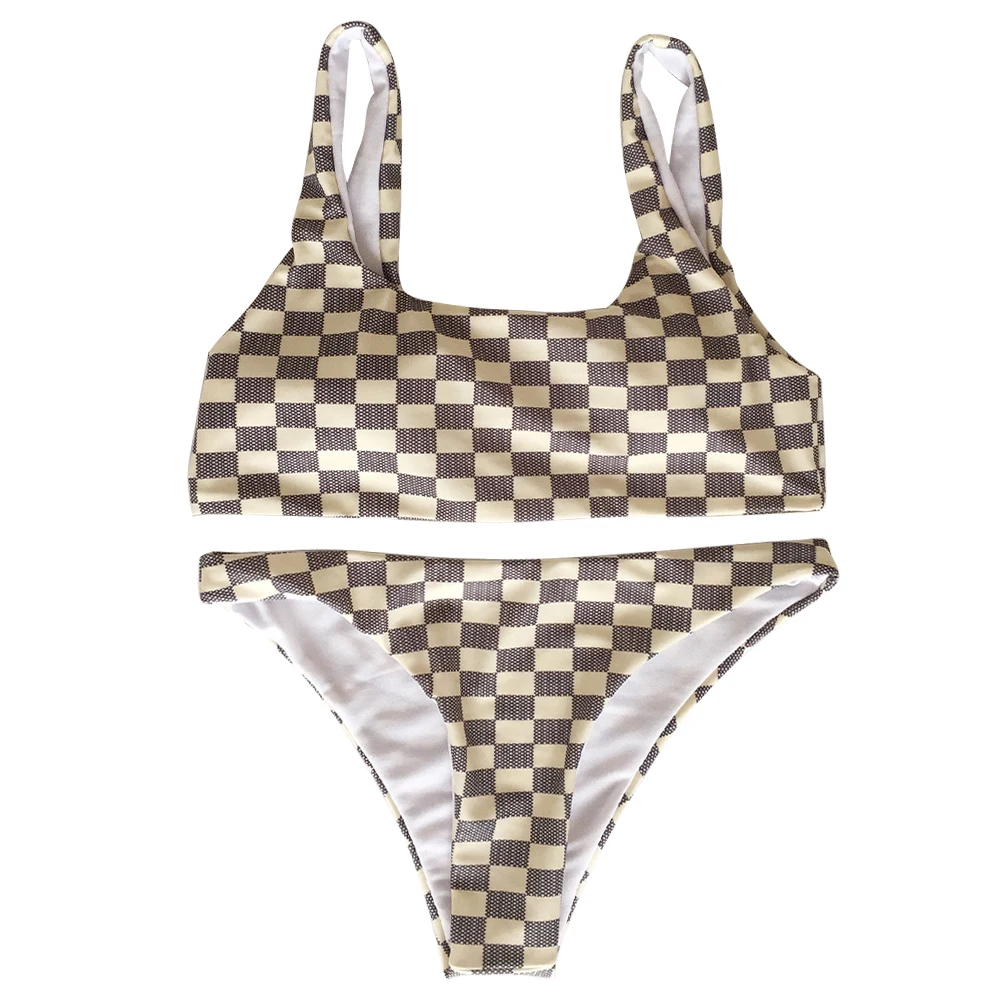 Клетчатое сексуальное бикини женский купальник пуш ап карамельного цвета Летний