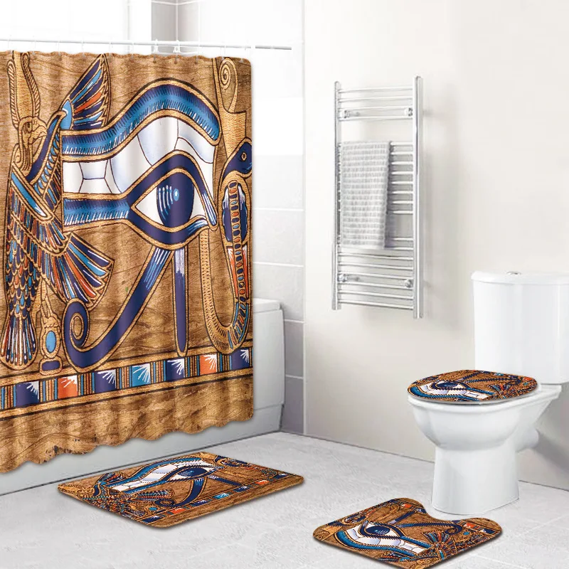 T Questa Bossa Mia 4 Piece Bathroom Mats and Rugs Exotic Egyptian Bath Shower Curtain with Hook Non-slip Toilet Floor Mat Carpet
