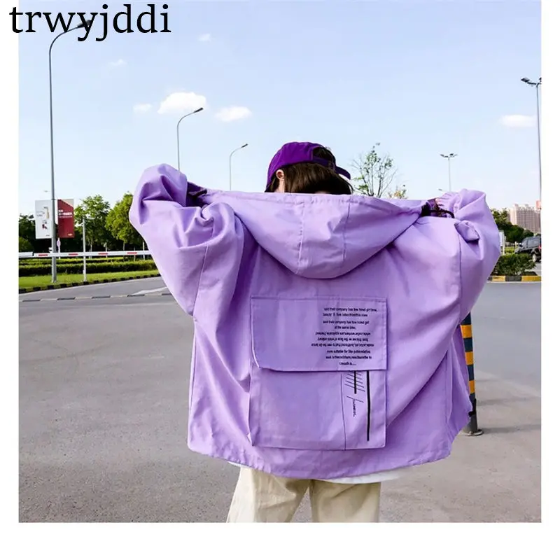 New Spring Autumn Jackets Women Korean Loose Large Size bf big pocket Hooded Windbreaker Female Harajuku Coat N371 - Цвет: purple