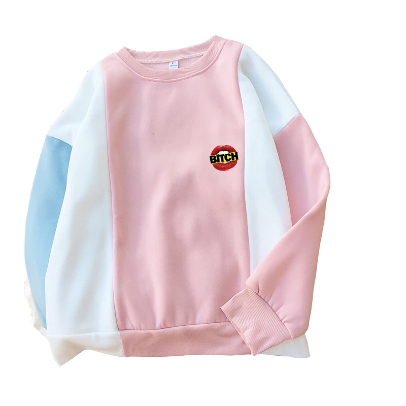 

2018 Autumn New Harajuku Colorblock Splicing Hoodies Women Fleece Long Sleeve Kawaii Funny BITCH Lip Print Sweatshirt Pullovers