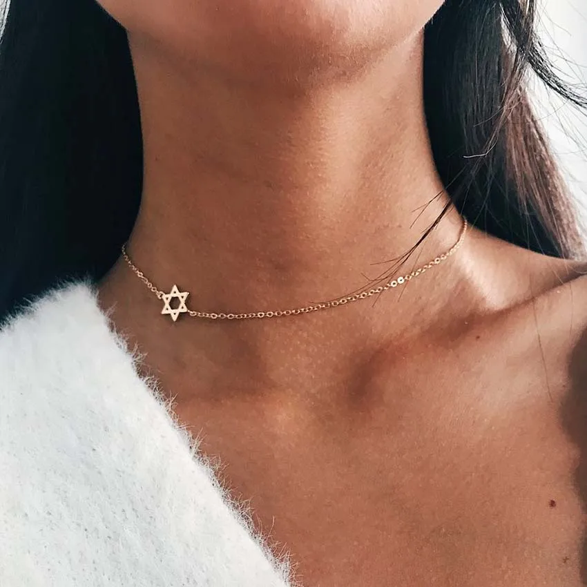 Новинка 2017 женское чокер Золотая цепочка ажурное колье со звездами ювелирное