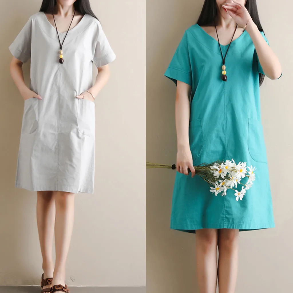 Летнее женское повседневное однотонное платье с прямым v-образным вырезом