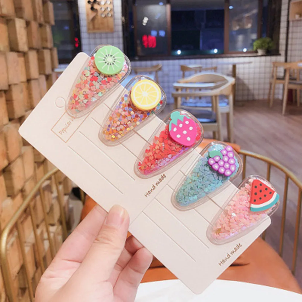 Новинка разноцветные блестящие заколки для волос прозрачные детские с фруктами