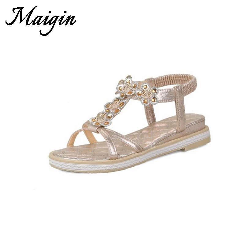 Maigin золотые и серебряные сандалии Для женщин 2018 Лето Boho с открытым носком