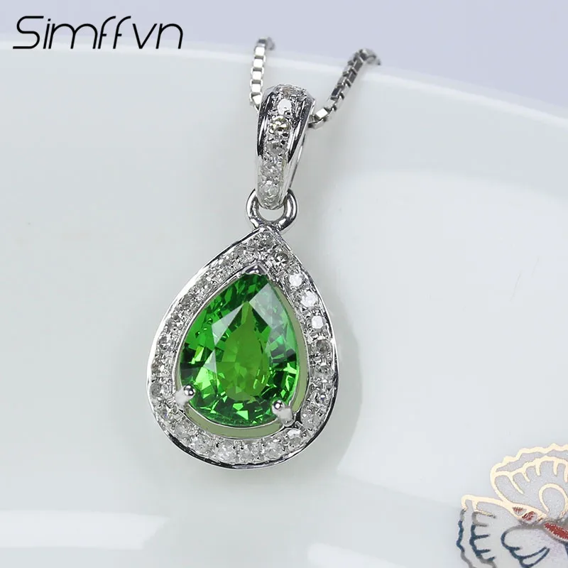 Simffvn кластера 18 К Белое золото круглая огранка 1.2ct зеленый цаворит кулон Юбилей