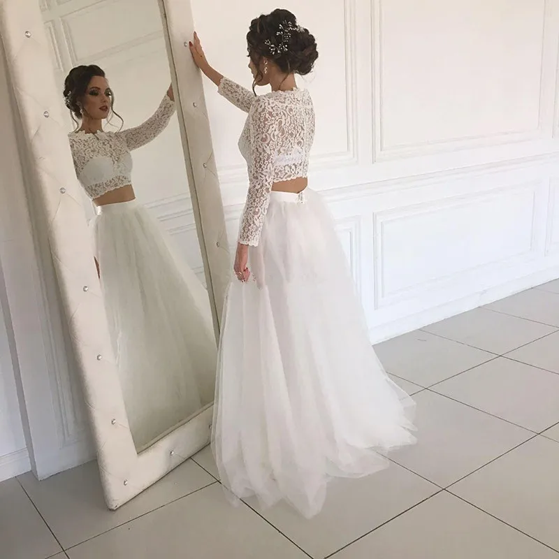 Винтаж кружевные свадебные платья Двойка в богемном стиле с длинным рукавом