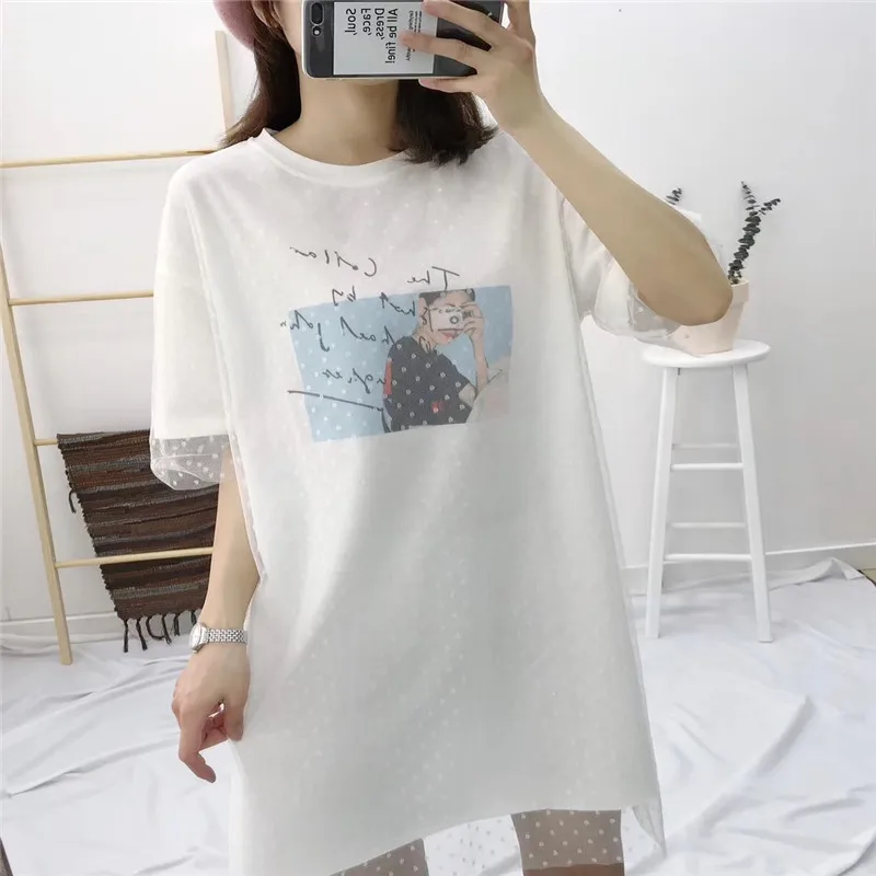 Harajuku Kawaii сетчатые женские рубашки большие размеры хлопковая Милая Кружевная