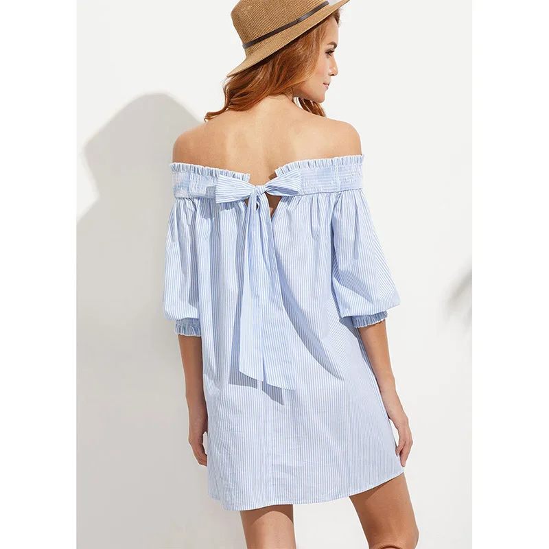 Чудо Красота Лето Slash Средства ухода за кожей шеи Синий Полосатый пляж Vestidos De Festa