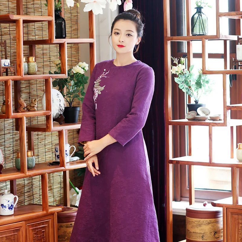 Tradition chinese style round collar only purple hand-decorated flowers winter-autumn women dresses tea cotton clothes | Женская одежда