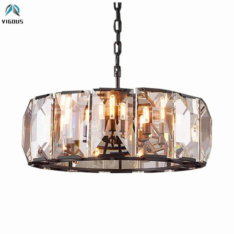 

American RH Loft Lustre K9 Big Crystal E14 Led Pendant Lights Round Metal Led Pendant Lamp Chain Hanging Lamp Indoor Lighting