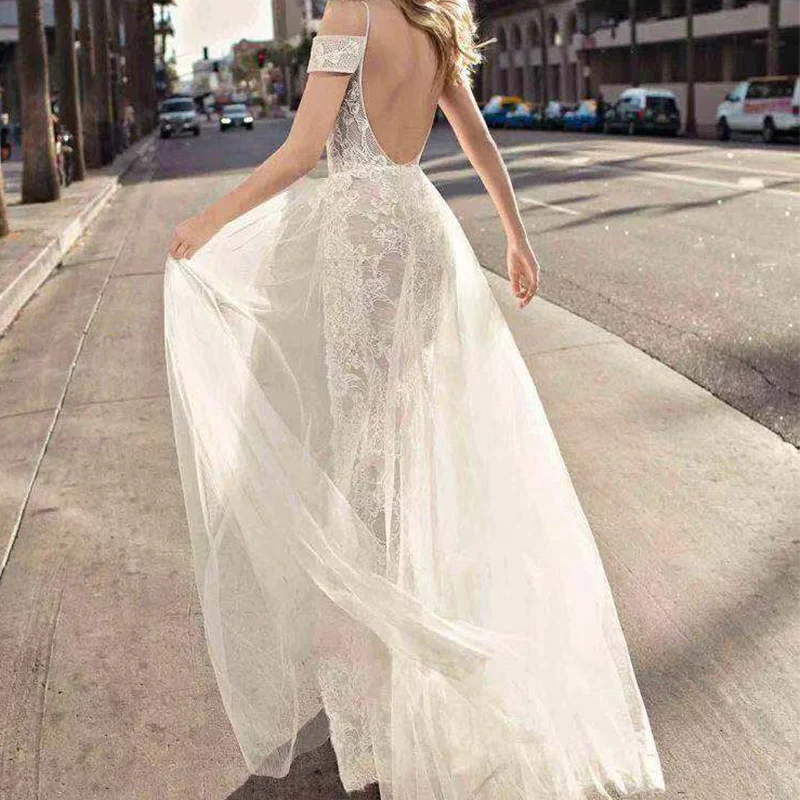 Женское вечернее платье SSYFashion белое кружевное в пол с глубоким v образным вырезом