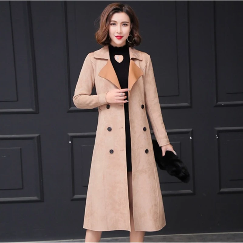 Женский замшевый тренчкот с пряжкой длинный размера плюс поясом двубортный на