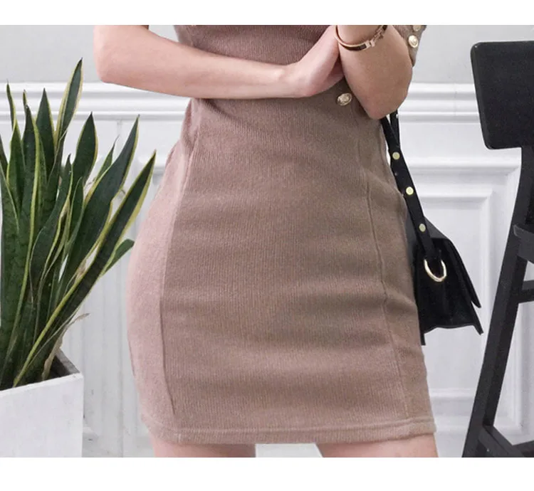 Temperament Lady Dresses Women Spring Design Sexy Bandage Sheath Mini White Knitted Double Button Tunic Sweater Dress 170D