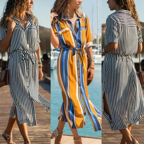 Женское платье рубашка в полоску Boho повседневное пляжное макси с длинным рукавом