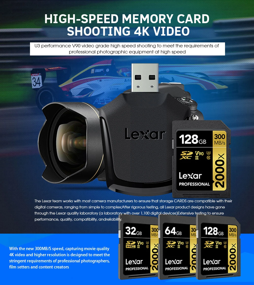 Lexar 2000X UHS-2 SD карты с U3 Flash Limited флешки Class 10 32 ГБ, 64 ГБ и 128 Гб Профессиональный Камера kart высокое Скорость памяти