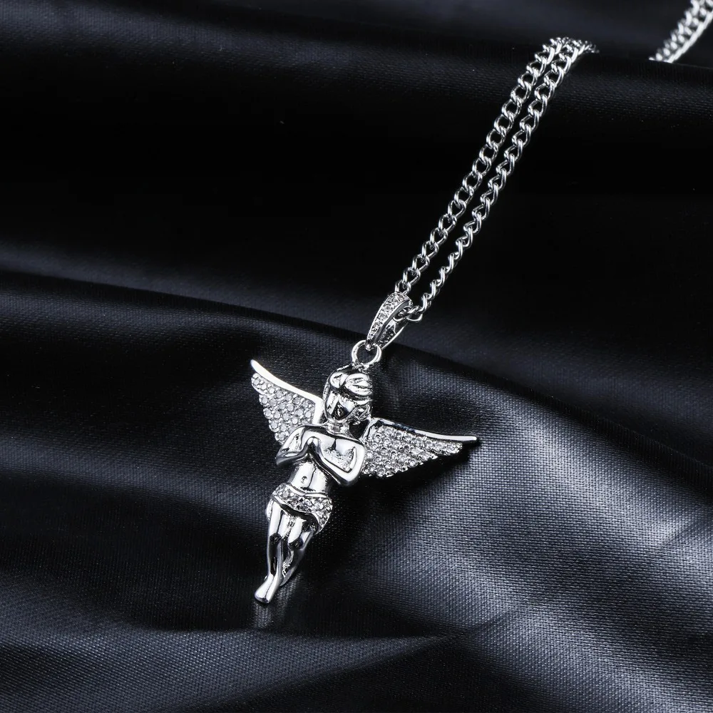Cubic Zircon Crystal Small Angel Pendant Necklace Hip Hop Choker Silver Chain Charm Women Men Jewelry Gift | Украшения и