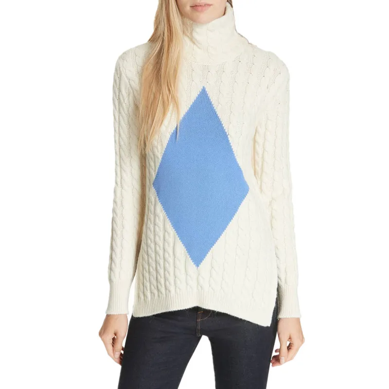 Белый свободный твист свитер с высоким воротом женский 2018 зимний боковой Сплит